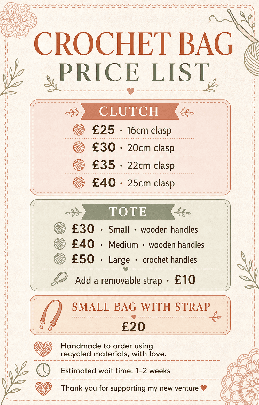 Ali’s illustrated crochet bag price list with clutch, tote, strap and small bag prices