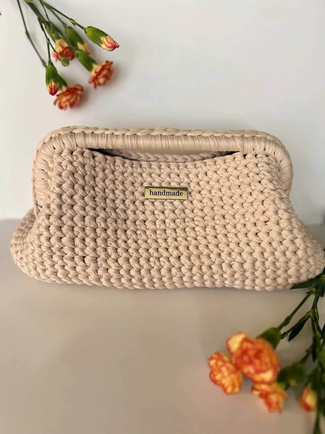 Cream framed crochet clutch handmade by Ali